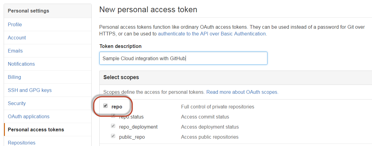 Create a GitHub token for a private repository
