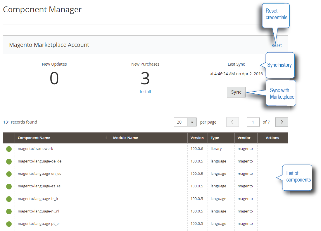 The Component Manager page enables you to synchronize with Magento Marketplace to see if updates are available