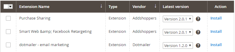 Extension Manager columns