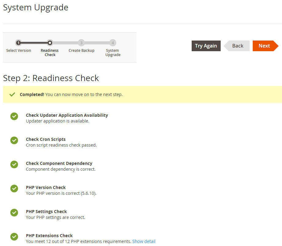If all readiness checks pass, click Next and continue with the next step