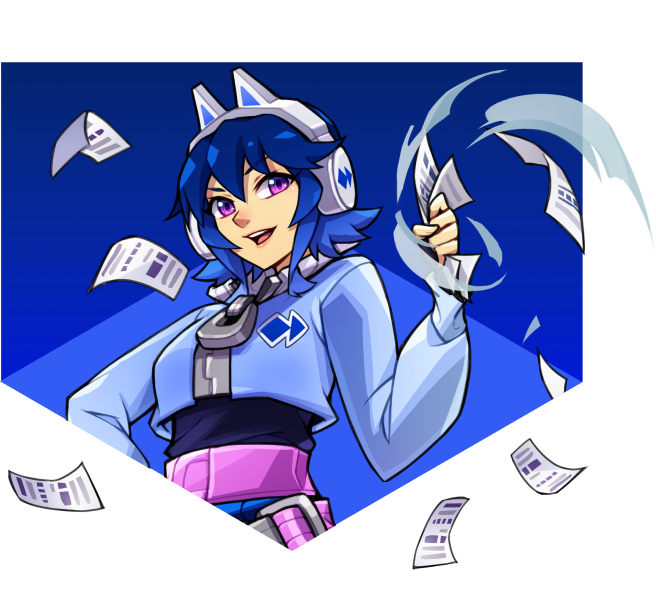 PaySafe-Chan surrounded by flying PaysafeCard voucher on blue chevron