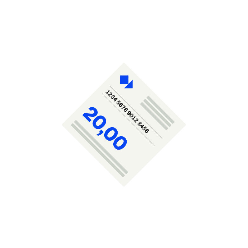A voucher in a diamond border with the number 20,00 blue text